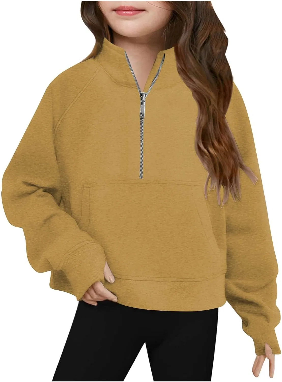 Детская толстовка с полузамком, флисовая, длинный рукав с отверстием для большого пальца, Khaki