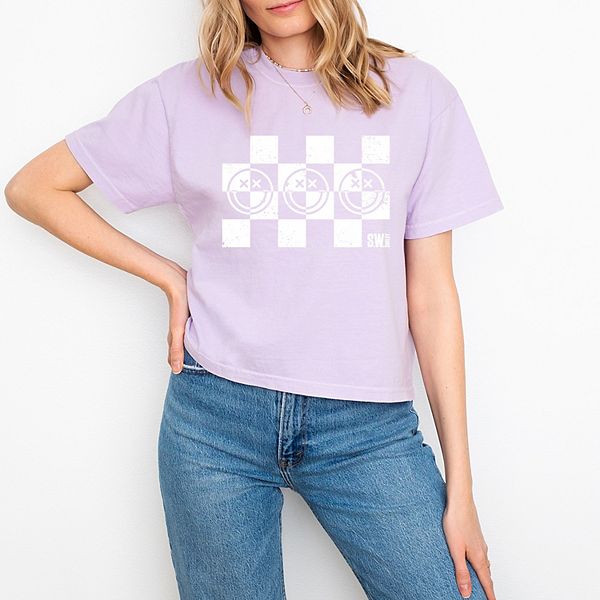 

SWSmiley checkered x face - женский бокси кроп топ с принтом Simply Sage Market, Orchid
