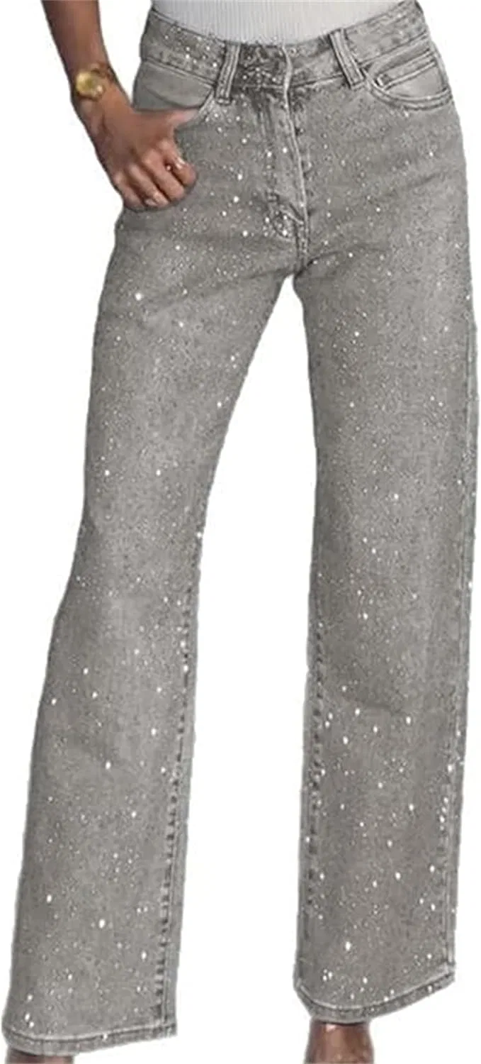 Джинсы с блестками, Wide Leg, Light Gray