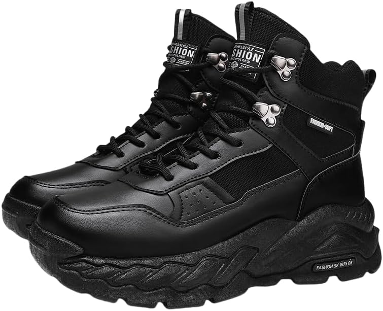 

Мужские высокие кеды повседневного стиля - всесезонные спортивные кроссовки для улицы с верхом из PU, подошвой из ПВХ и дышащей тканевой подкладкой - городской уличный дизайн с круглыми носками и шнуровкой Hoalox, черный