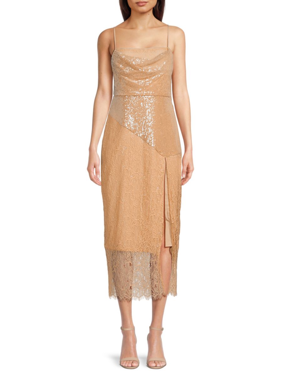 

Платье миди с боковыми разрезами, расшитое пайетками BCBGMAXAZRIA, цвет Champagne