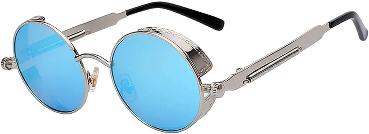 

Солнцезащитные очки OWL в стиле стимпанк, ретро, ​​готика, винтаж, хиппи, с круглой оправой из цветного металла и цветными линзами, Stmpk C9 Silver Blue Mirror