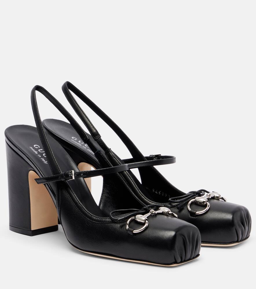 Кожаные туфли-лодочки с перемычкой и ремешком на каблуке Horsebit Gucci, Black/Black