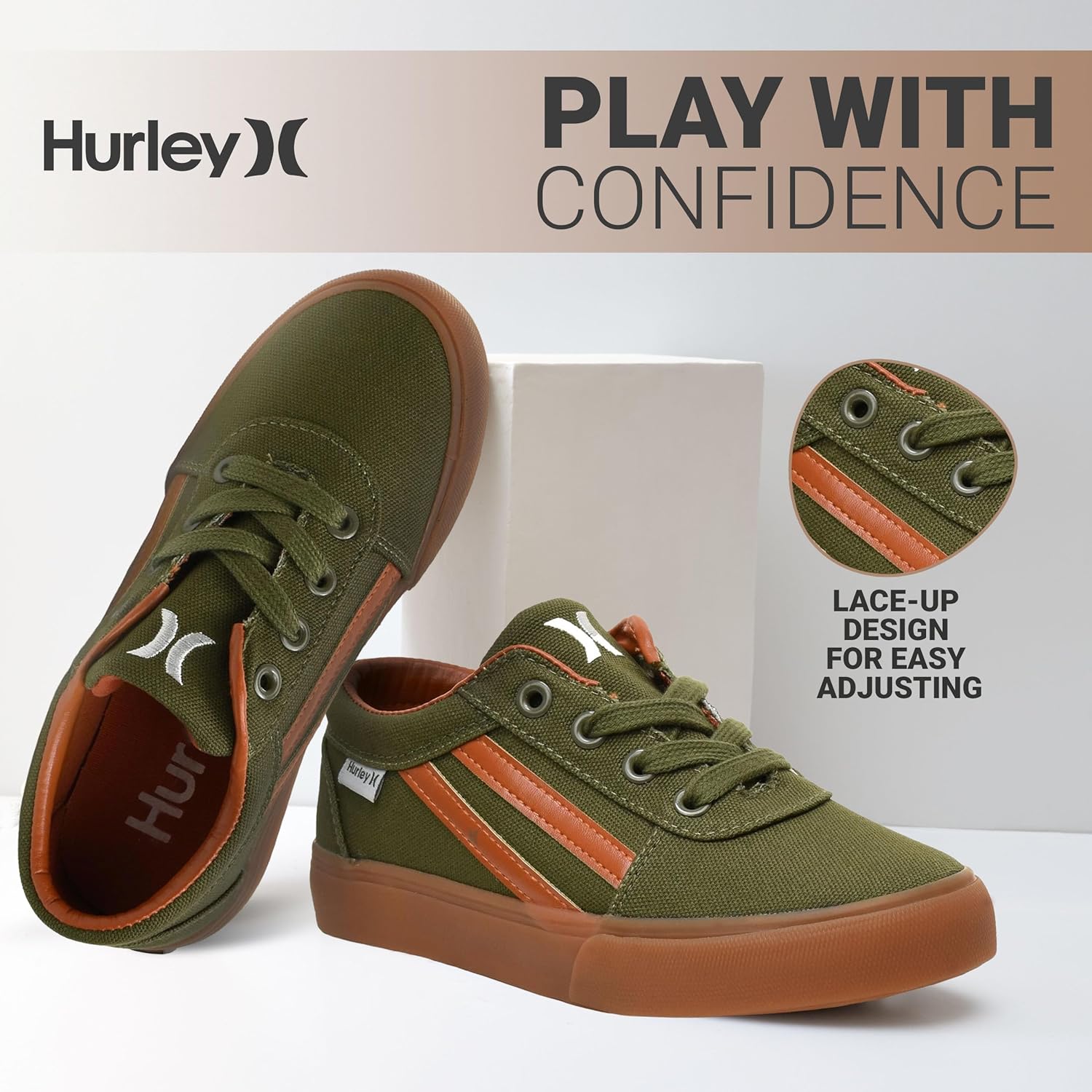 Кеды Hurley Boardy Kids с шнуровкой - низкие кроссовки для скейтборда для детей, спортивная обувь для мальчиков и девочек, бежевый/хаки — фото 2