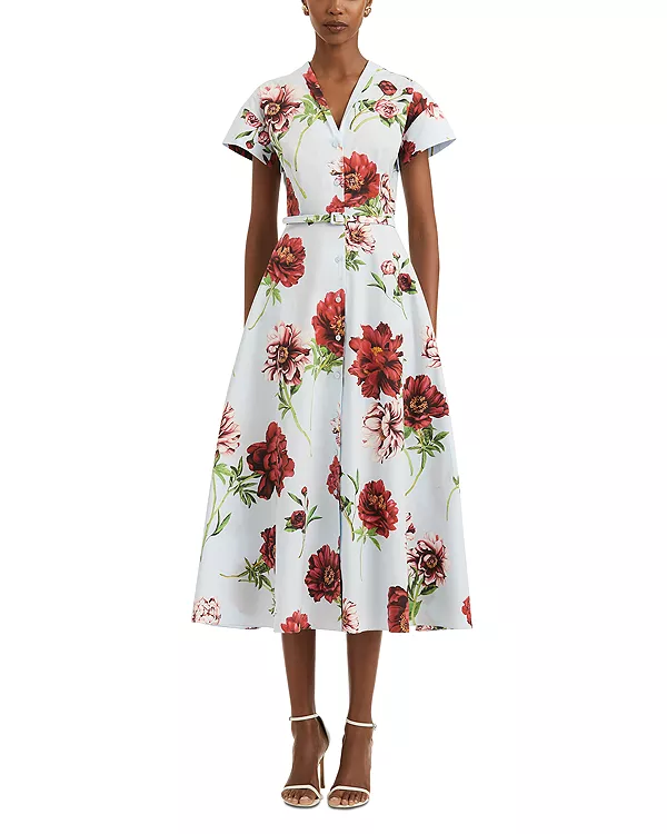 

Платье с принтом пионов, поясом и пуговицами спереди Oscar De La Renta, синий