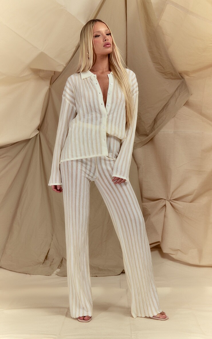 

PrettyLittleThing Кремовые широкие брюки прозрачной вязки в полоску, Бежевый, PrettyLittleThing Кремовые широкие брюки прозрачной вязки в полоску