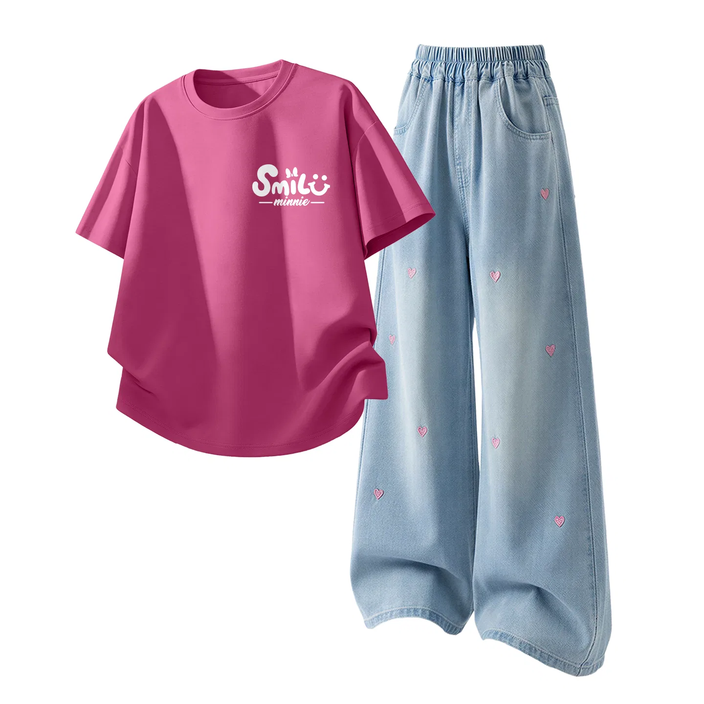 Детская повседневная спортивная футболка с круглым вырезом Disney, Di F Small Flower Black+Solid Color Denim Light Blue — фото 3