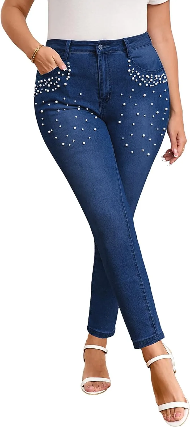 

Женские джинсы Pearl Beaded Mid Rise Stretchy Skinny YEXPINE