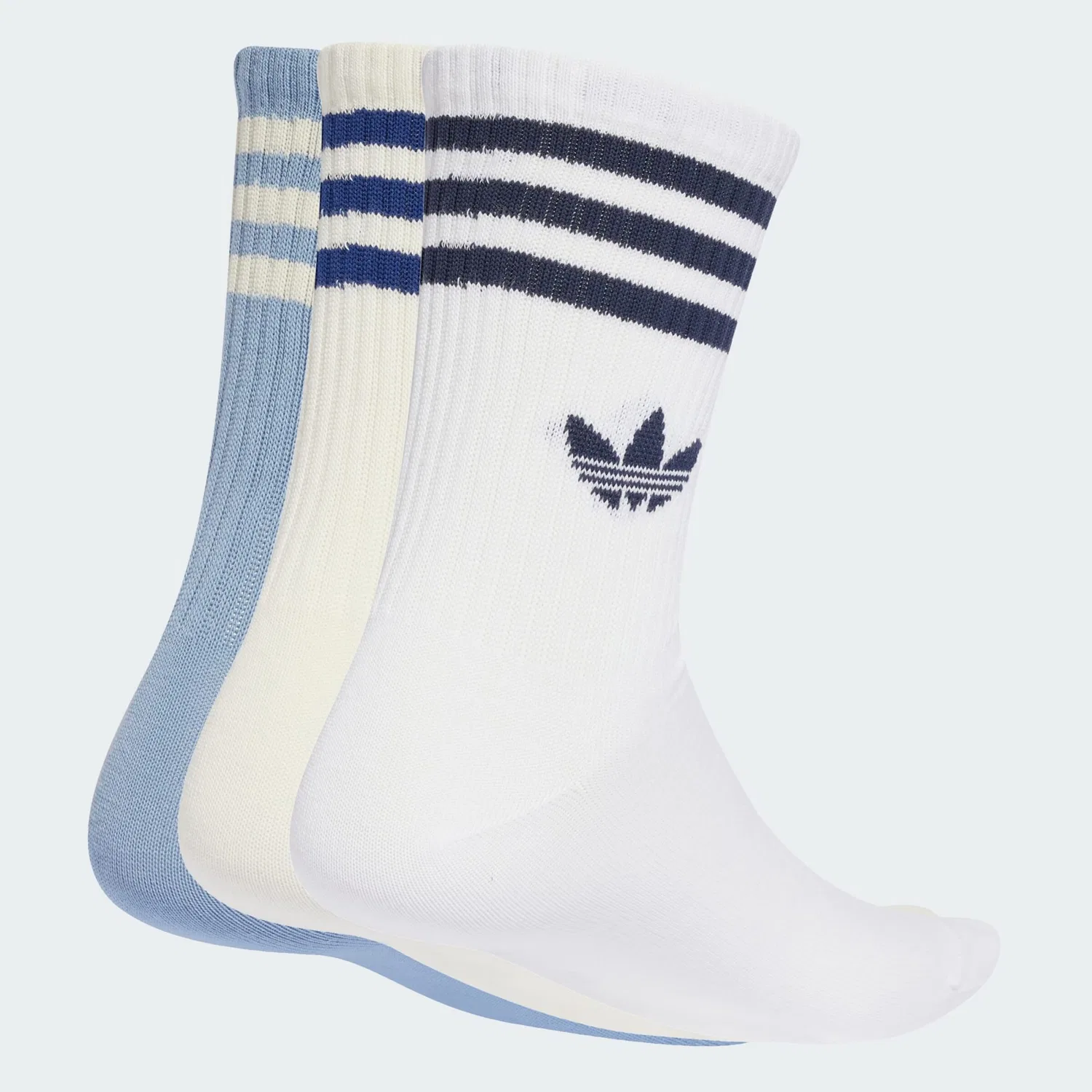 Носки Adidas Originals 3-Stripes Crew 3 Pairs в цветах: морской синий небесно-голубой, белый и шерстяной белый — фото 2