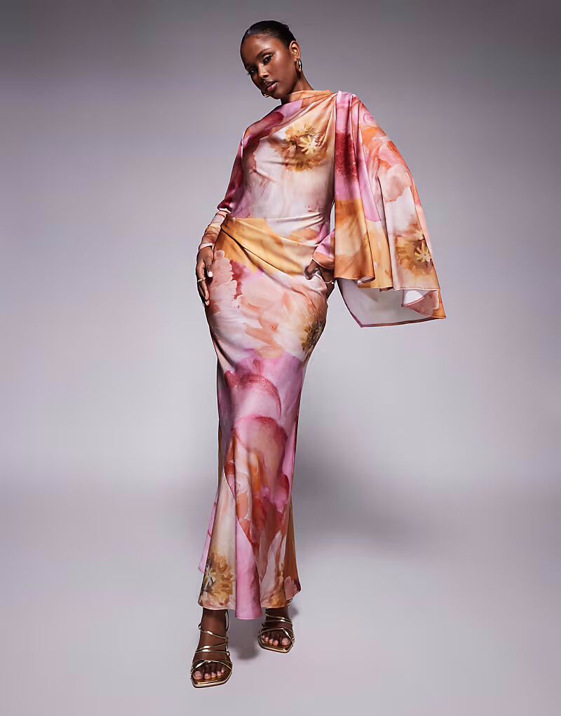 

Платье макси из атласа с драпировкой и косой вязкой ASOS DESIGN с шарфом сверху и крупным цветочным принтом