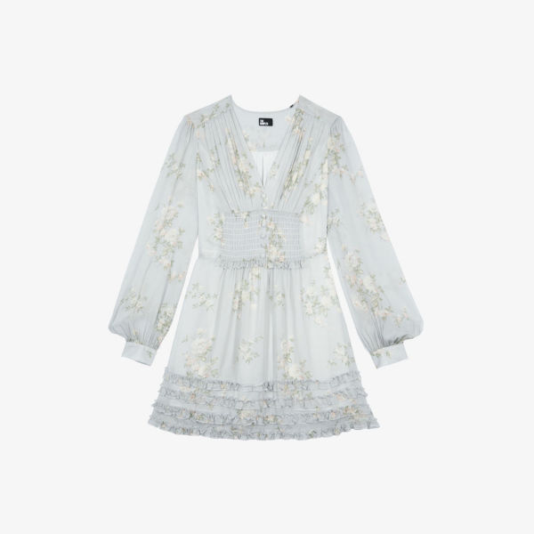 

Мини-платье с длинным рукавом и цветочным принтом из ткани The Kooples, синий