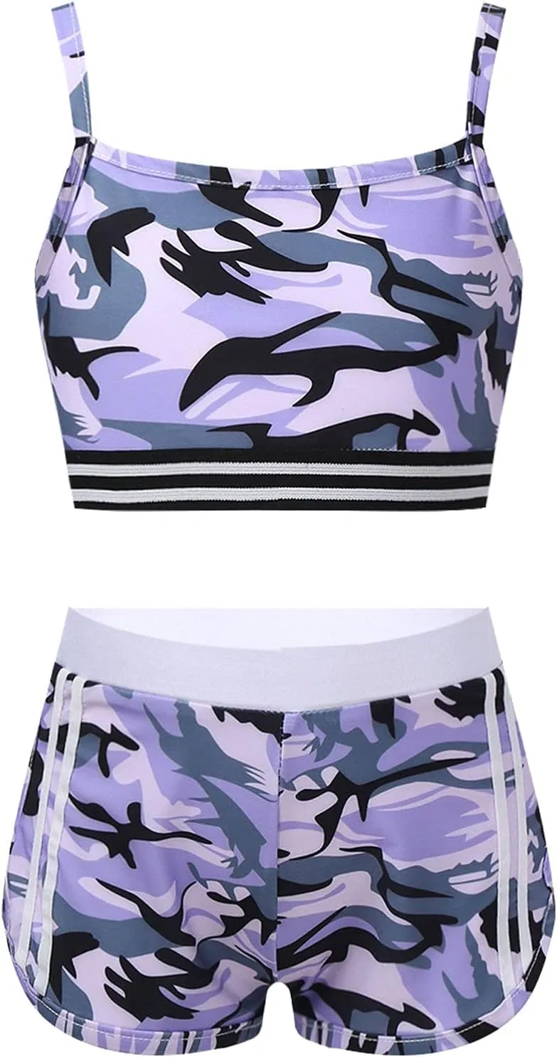 Детский спортивный костюм с вышивкой снежинки Alvivi, топ и шорты, Camo Purple