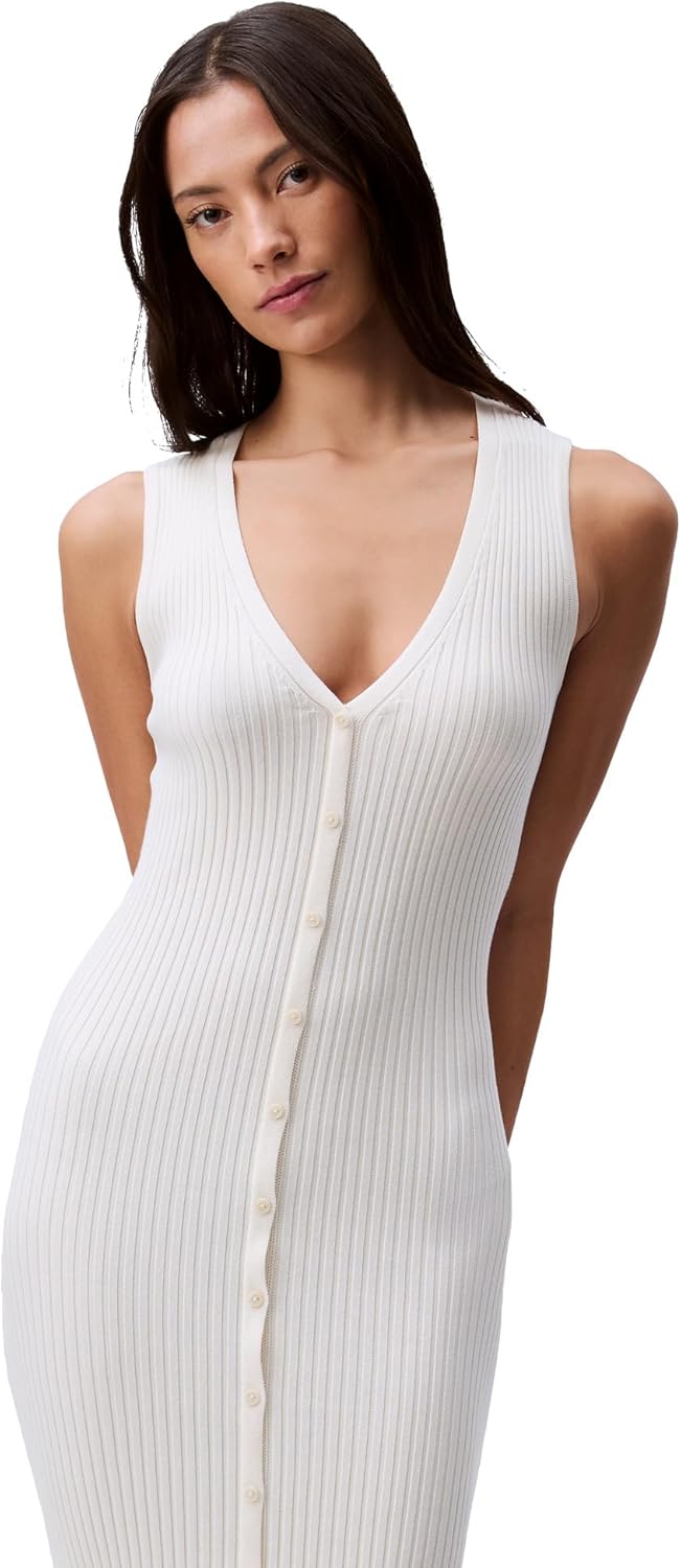 Женское платье-поло Calvin Klein из хлопка в рубчик с V-образным вырезом, Antique White — фото 3