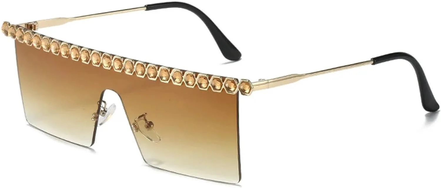 

Солнцезащитные очки без оправы в винтажном стиле для женщин и мужчин, украшенные стразами, для путешествий, защита от УФ-излучения UV400 TKKTLLT, Gold Gradient Tea