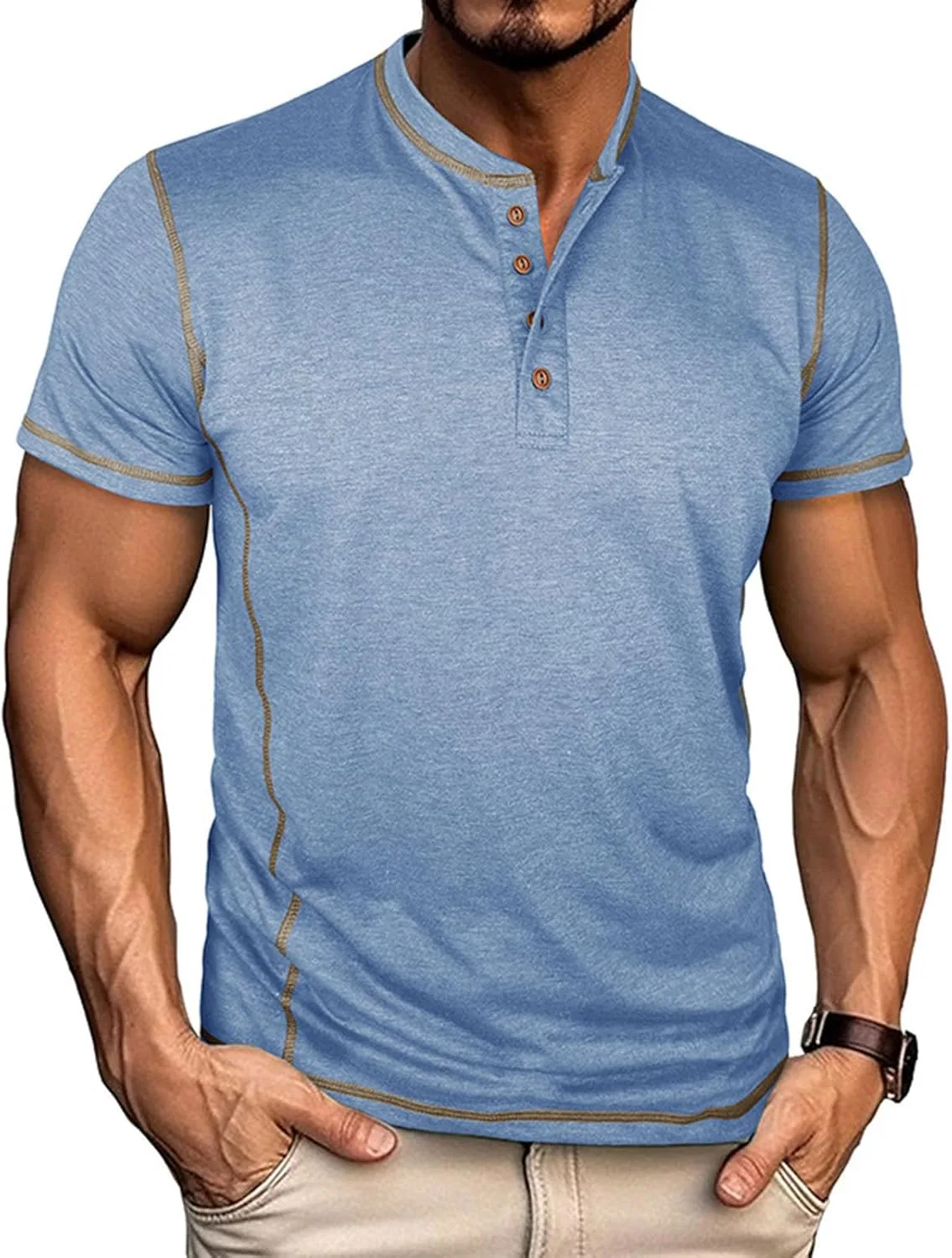 

Мужская футболка хенли с коротким рукавом, летняя, легкая