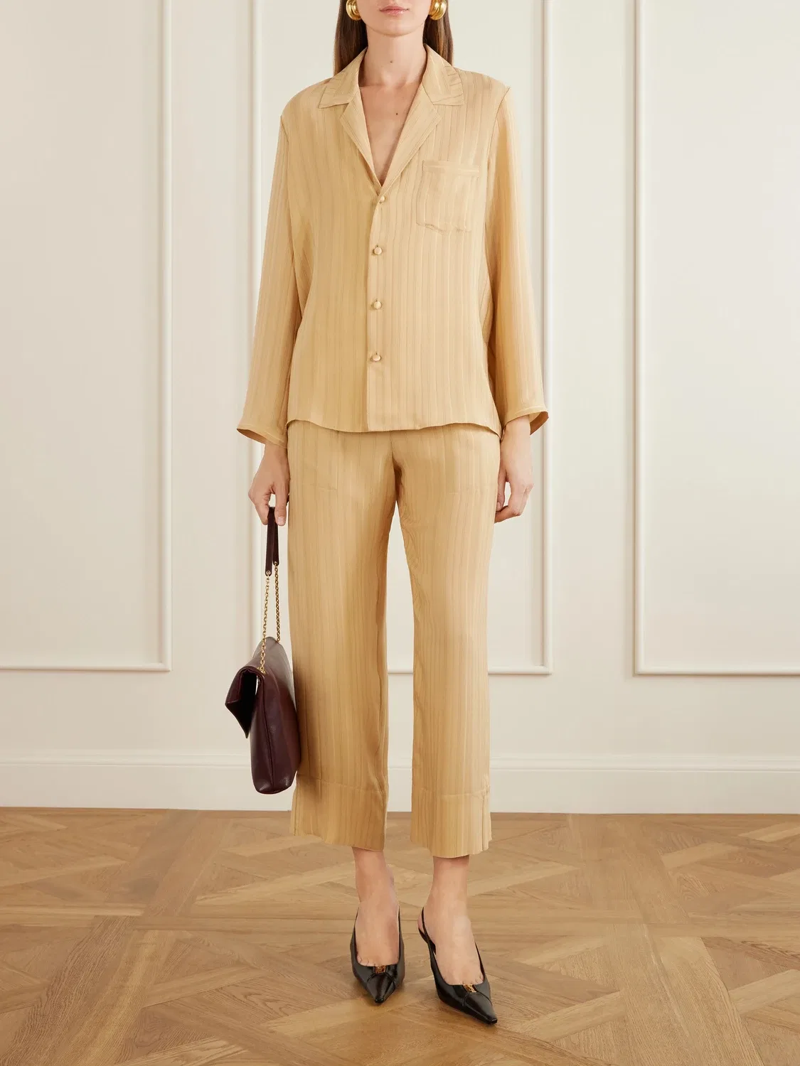 Брюки прямого кроя из полосатого шелка SAINT LAURENT, желтый — фото 2