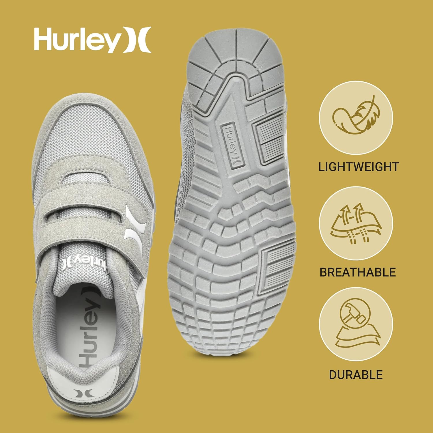 Детские кроссовки Hurley Kid's Knox для ходьбы - детские кроссовки с липучкой для легкого надевания, легкие обувь для бега и ходьбы для мальчиков и девочек, кроссовки для малышей, белый/серый — фото 2