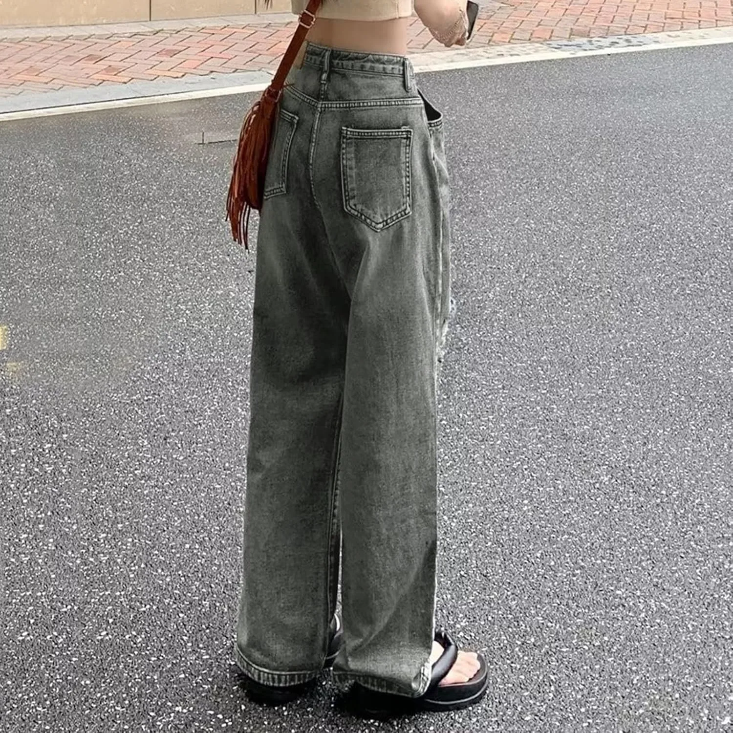 Женские джинсы baggy wide leg с потертостями в ретро стиле — фото 4