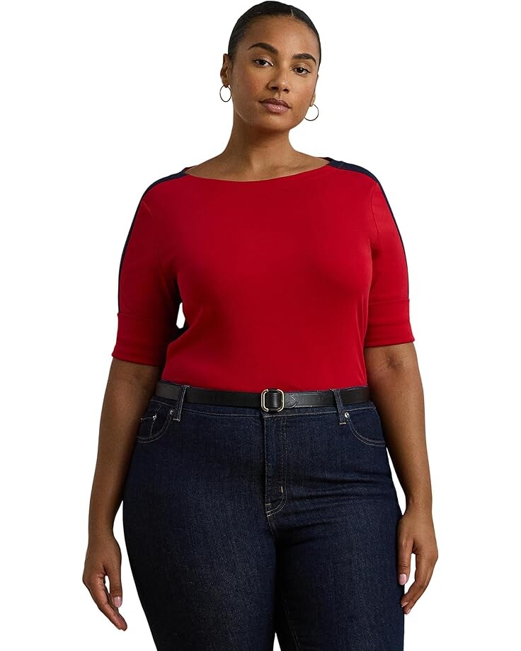 

Топ Lauren Ralph Lauren Plus Size Stretch Cotton Boatneck Top, цвет Festive Red/Lauren Navy