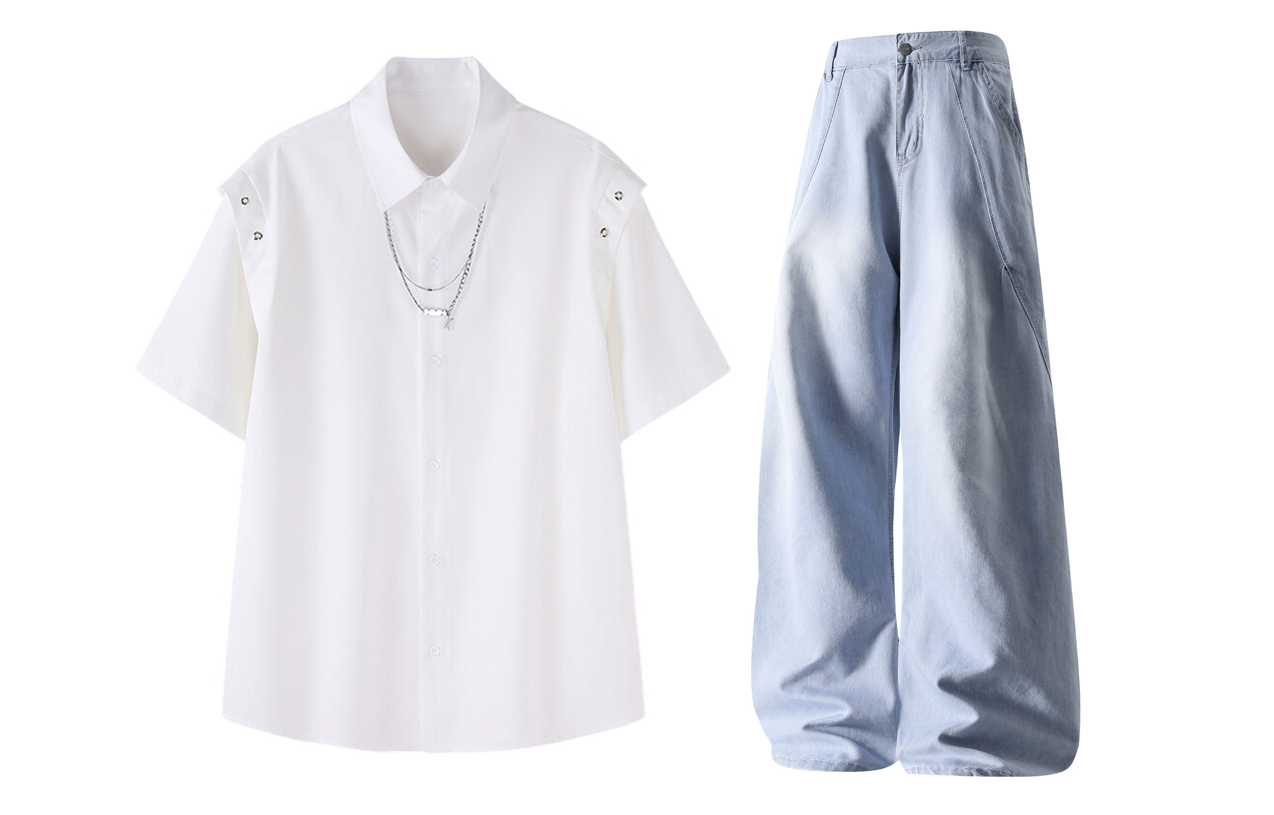 

Повседневная спортивная одежда Unisex с лацканом Lapel Moderate X1617, белый shirt+светло-синий ice silk jeans