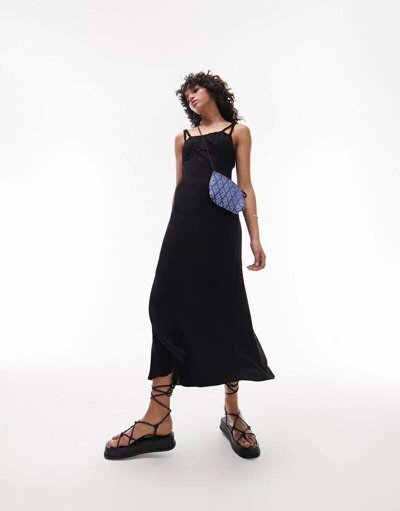

Черное платье миди с фартуком и сборками Topshop