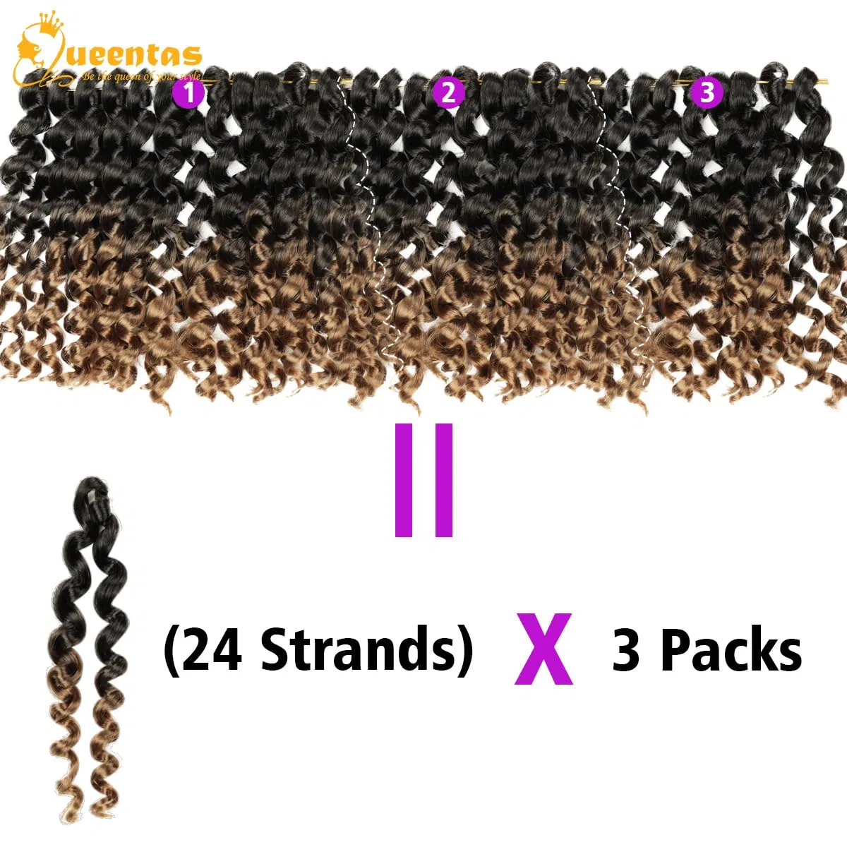 Набор для наращивания волос QUEENTAS Crochet Hair 3 упаковки Queentas, Black To Blonde — фото 4