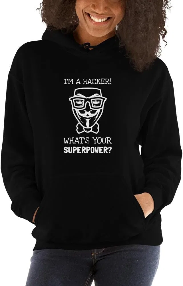 Я хакер! А какая у тебя суперспособность? - Толстовка с капюшоном (белый текст) — фото 2