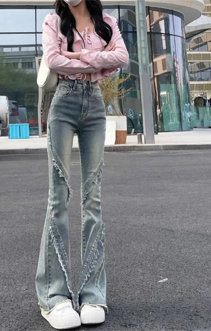 Женские облегающие расклешенные джинсы осень Horseshoe брюки Slim Fit с вставками Generic, синий — фото 2