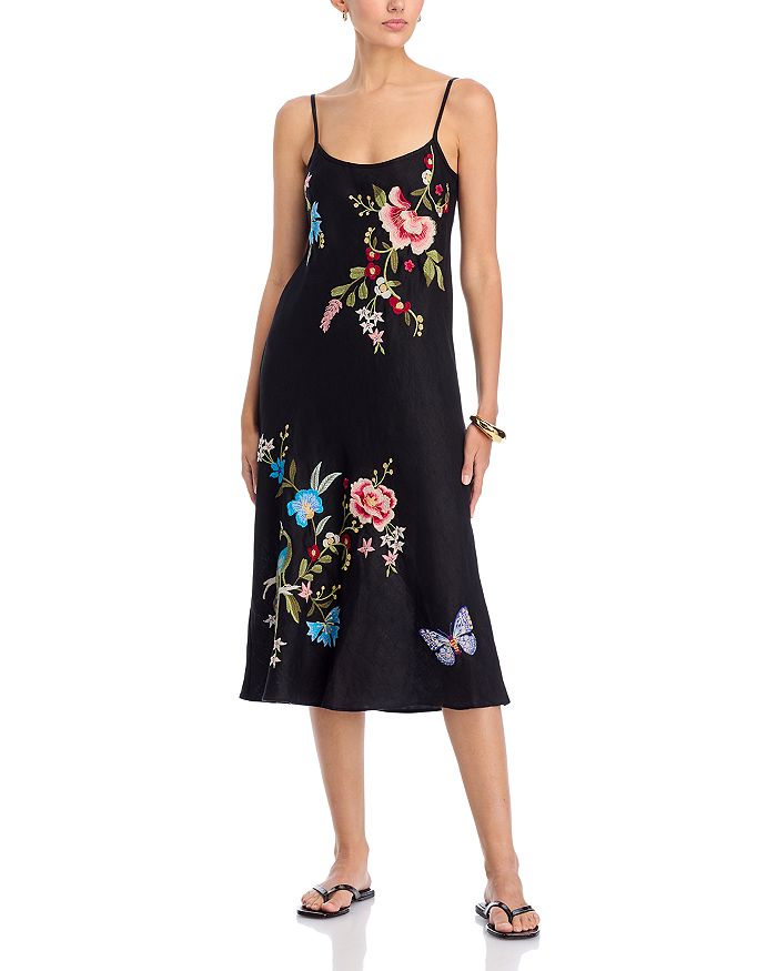 

Вышитое льняное платье-комбинация Johnny Was, черный