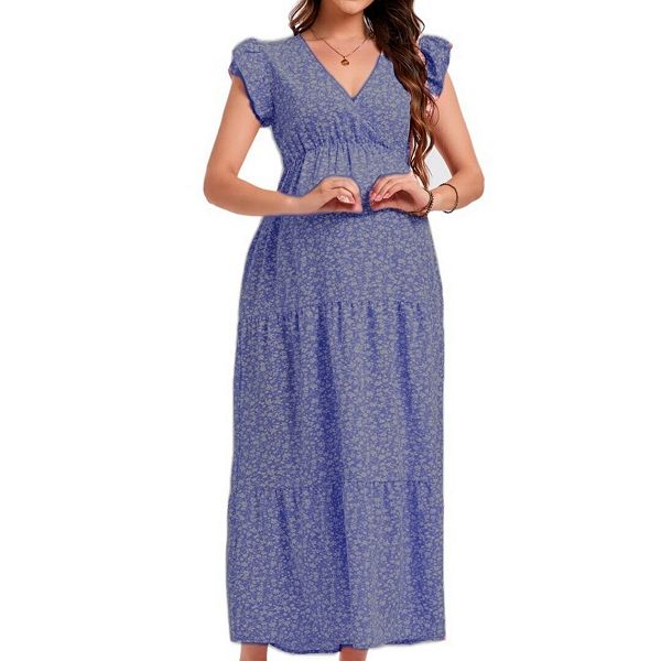 

Летнее платье макси для беременных с V-образным вырезом, воротником-стойкой, небольшими летящими рукавами и поясом, цветочный принт Yesfashion, Blue