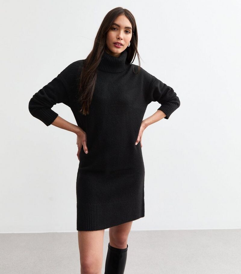 

Черное вязаное мини-платье-джемпер с высоким воротником New Look, черный