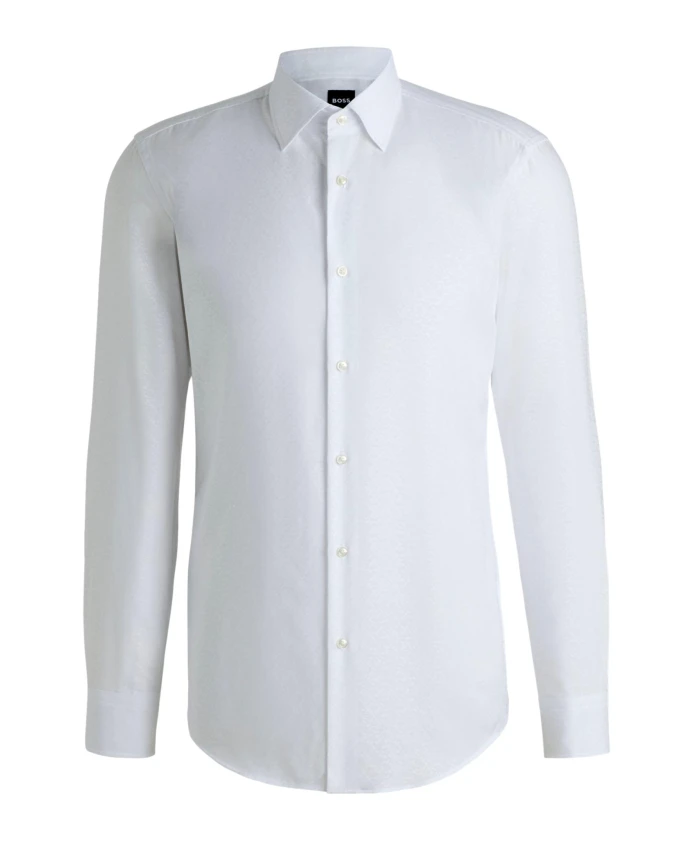 

Белая приталенная рубашка с жаккардовым узором в виде листьев. Hugo, белый