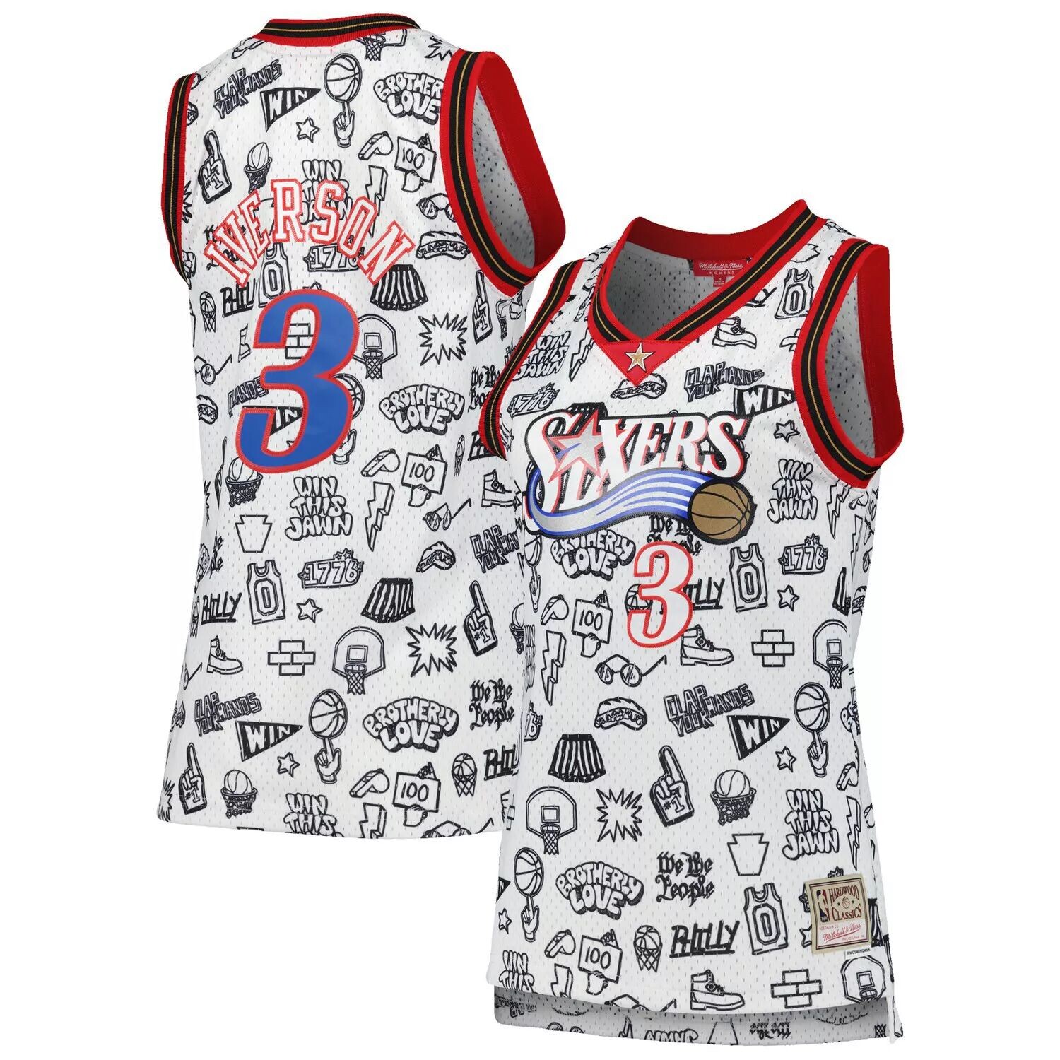 

Женская белая майка Mitchell & Ness Allen Iverson Philadelphia 76ers 2000 Doodle Swingman, Белый, Женская белая майка Mitchell & Ness Allen Iverson Philadelphia 76ers 2000 Doodle Swingman