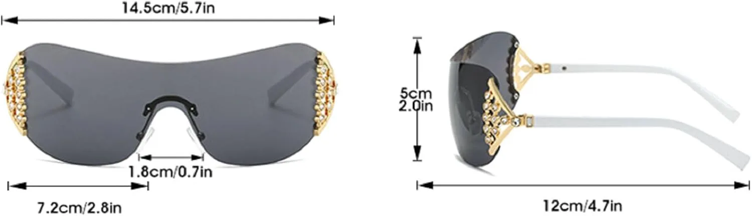 

Солнцезащитные очки в стиле Y2K без оправы, украшенные стразами, для женщин и мужчин, большие футуристические солнцезащитные очки-щиток mincl, 2pcs-silver&black