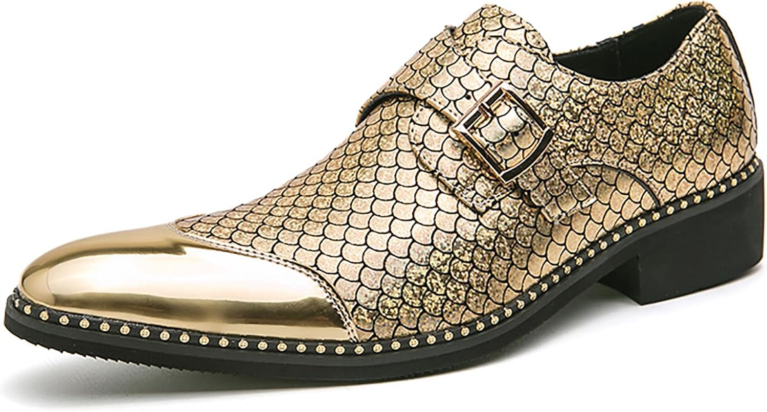 

Мужские кожаные лоферы с пряжкой-монахом, массивным каблуком, модным классическим заостренным носком, без шнурков, формальные деловые туфли Оксфорды для работы, свадьбы и вечеринок Qeosnbx, золотой