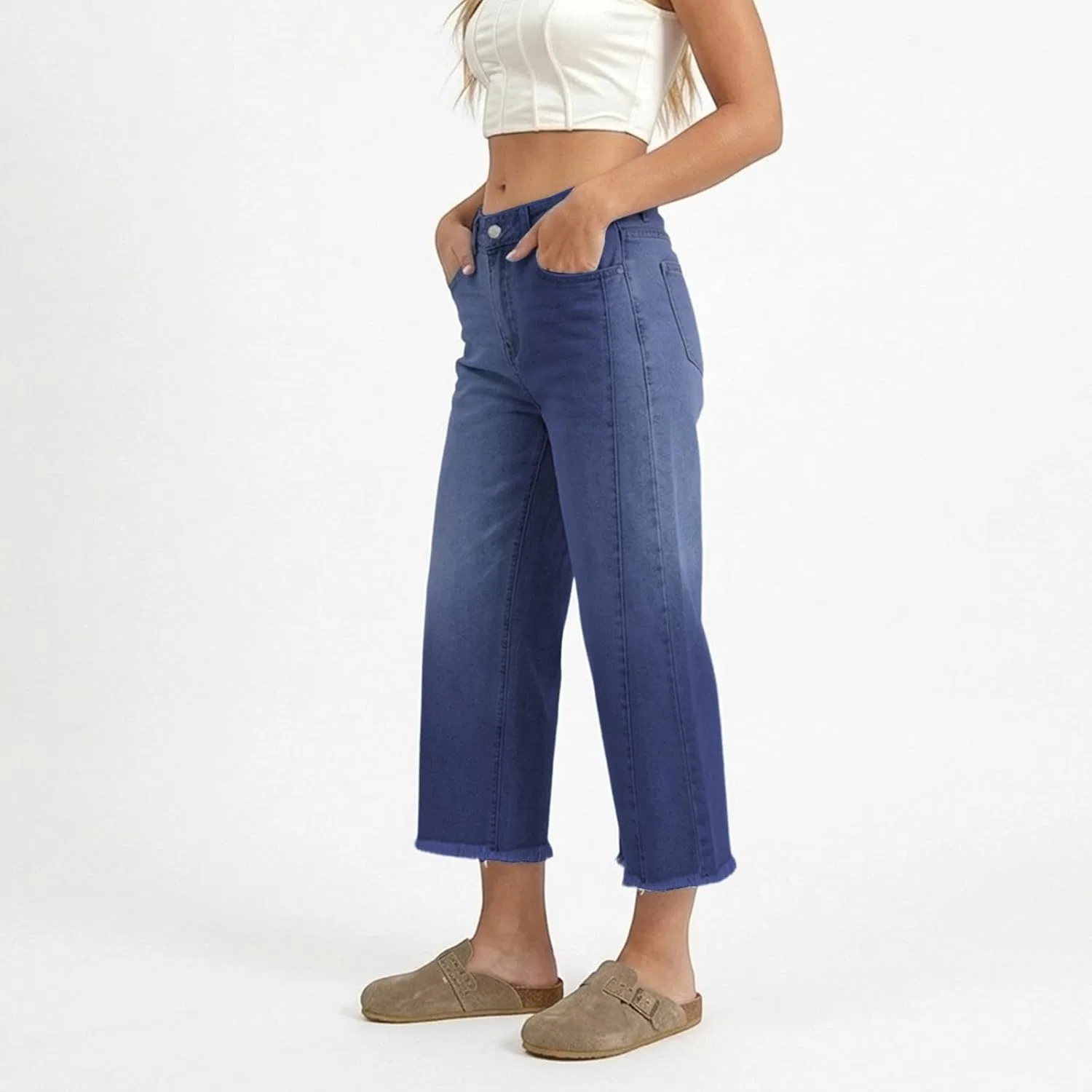 Джинсы капри, прямые, Y2K, темно-синие — фото 3