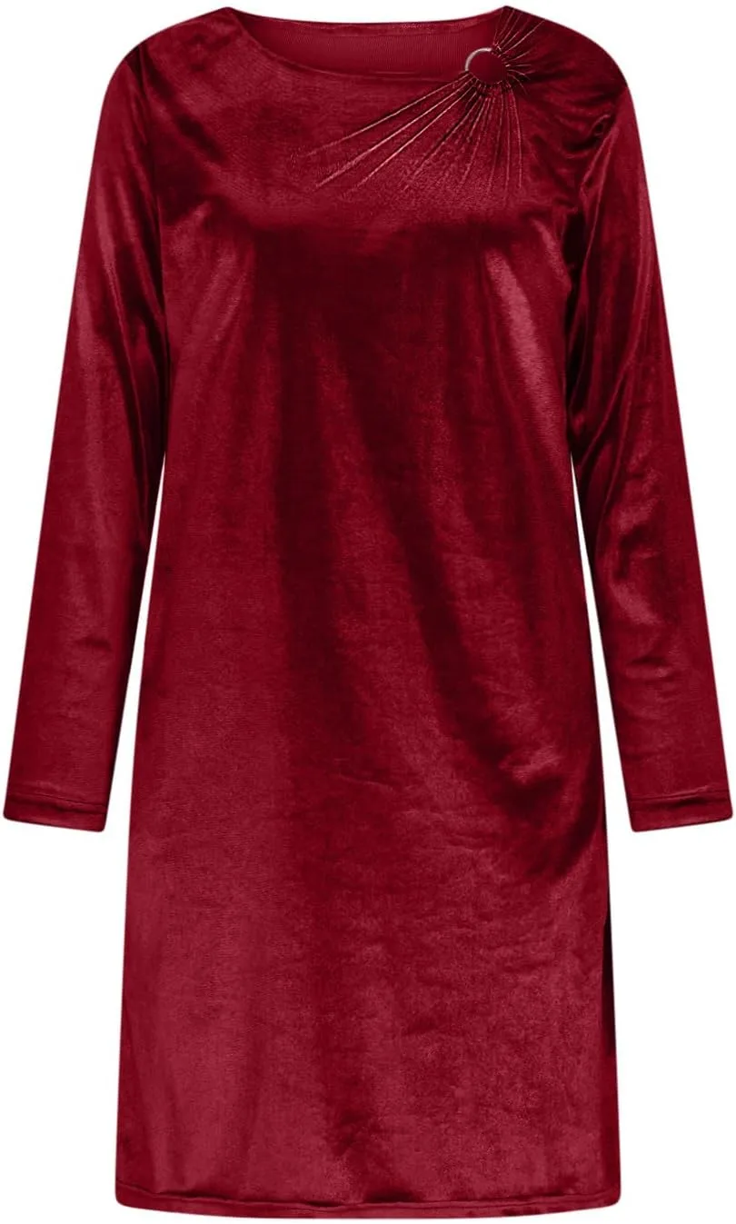 Женское бархатное платье с длинными рукавами, коктейльное платье для вечеринки, платье-туника с металлическим кольцом и круглым вырезом для гостьи на свадьбе Generic, красный — фото 4