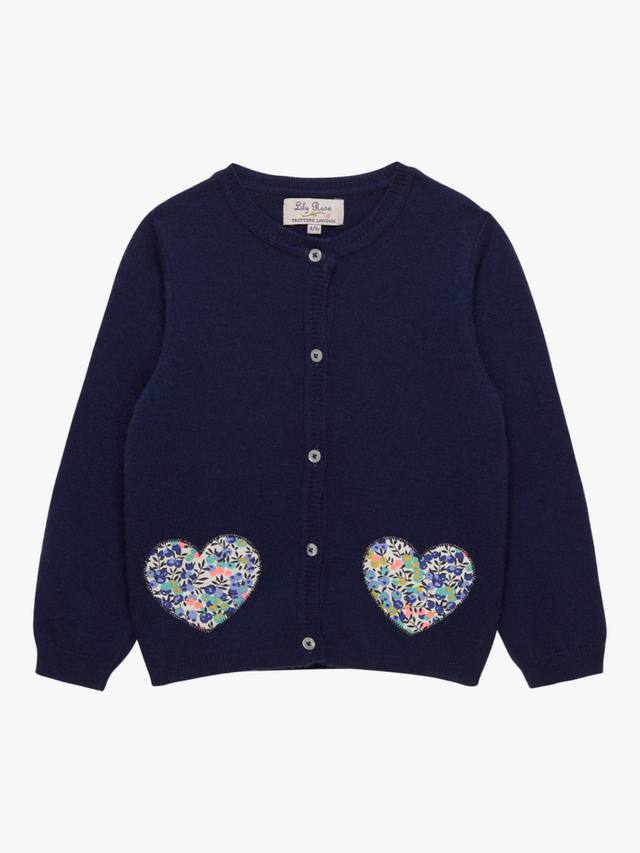 

Детский кардиган из смеси шерсти и кашемира с уилтширским принтом в виде сердечек Trotters, цвет Neon Wiltshire/Navy