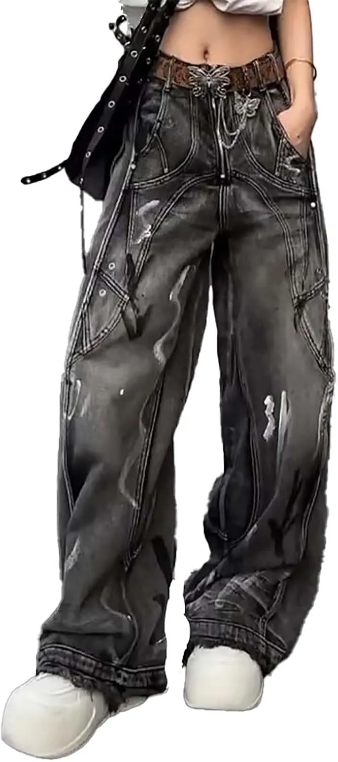 

Jupkem женские джинсы baggy wide-leg low rise с граффити и пэчворком