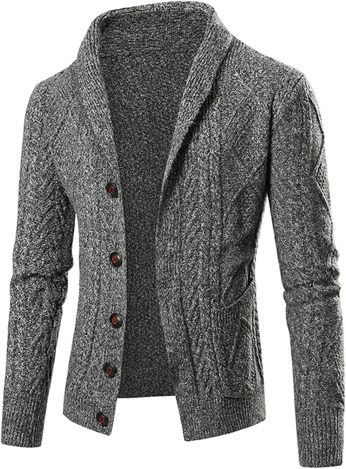 

Мужской кардиган из шерстяной смеси с воротником-шалью и кабельной вязкой