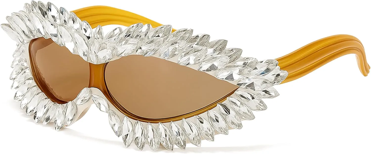 

bullabulling Модные цельные солнцезащитные очки «кошачий глаз» со стразами для женщин, винтажные, большие, с блестками и кристаллами, солнцезащитные очки UV400, Tea