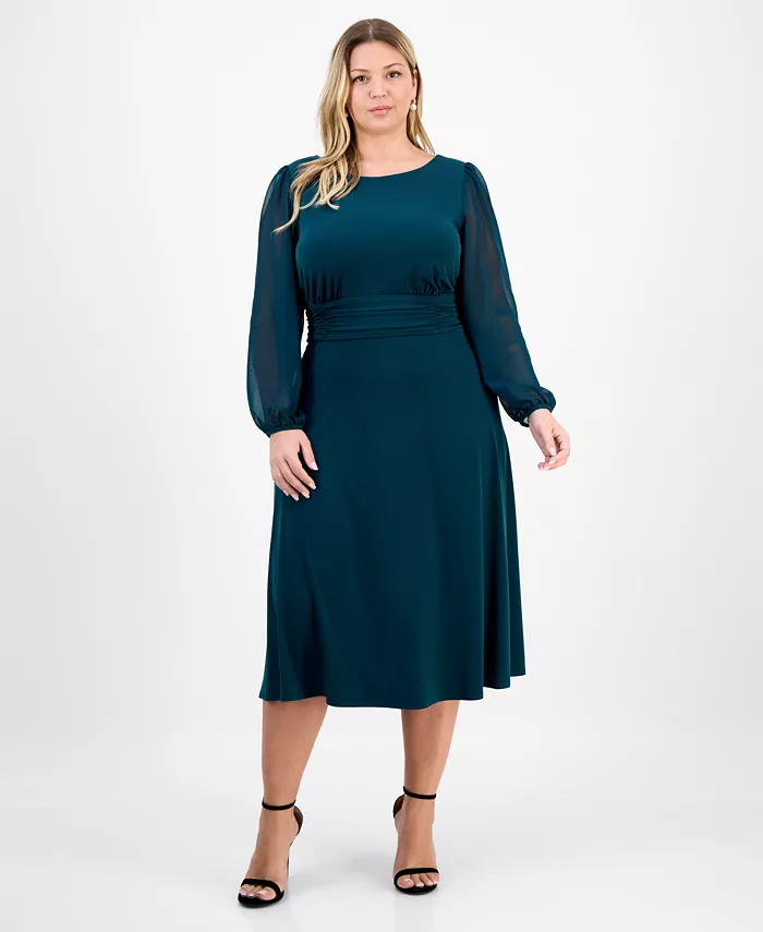 

Платье миди с присборенной талией и прозрачными рукавами больших размеров Connected