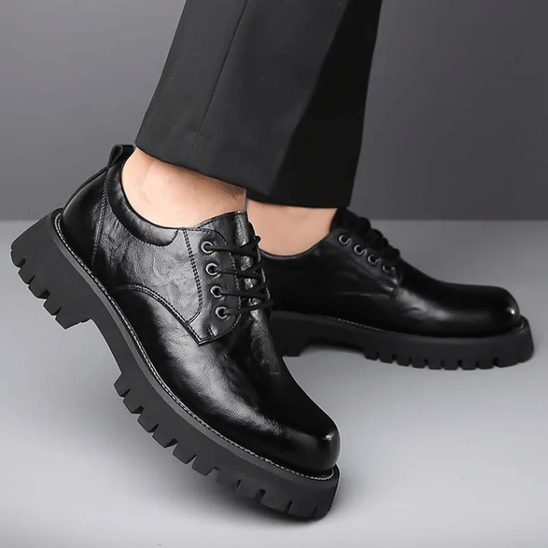 Men's Platform Oxford Shoes - Genuine Leather Slip-On Modern Formal Business Lace-Up with Heightening Effect Zentavi, черный — фото 3