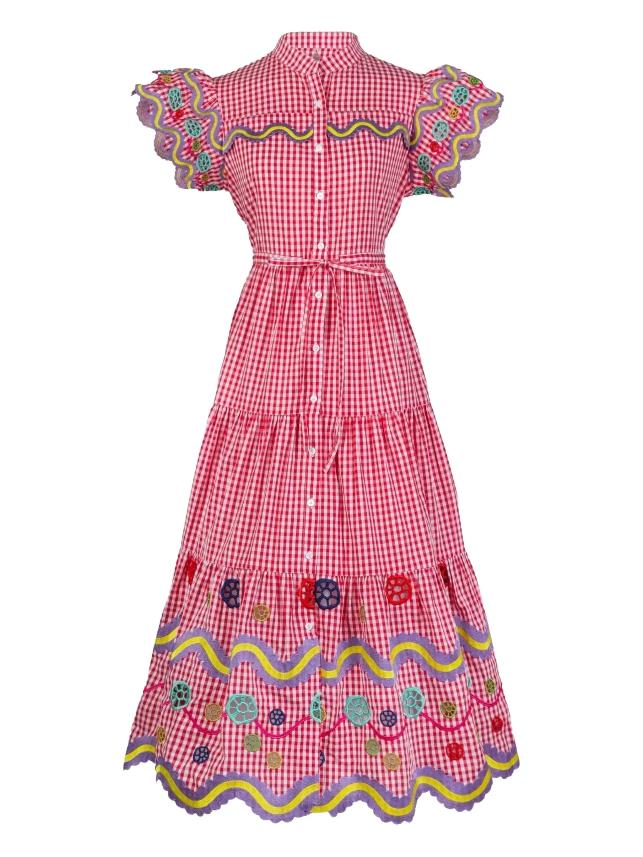 

Платье в клетку гингем с вышивкой Celia B, красный