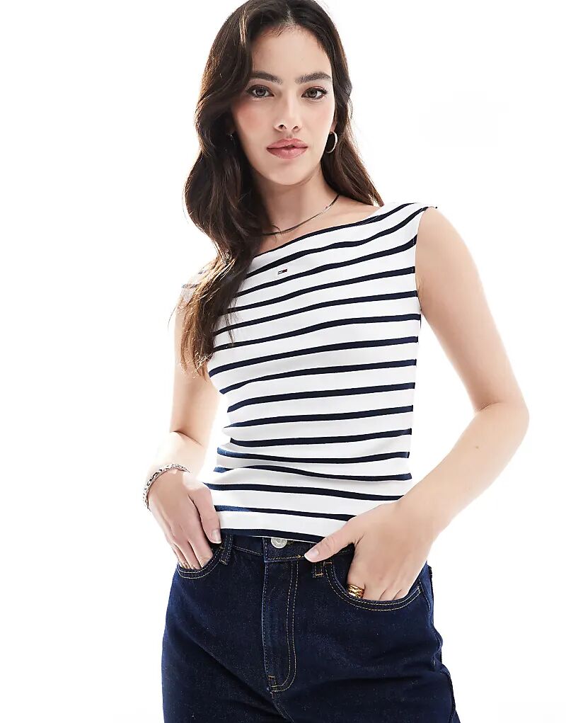 

Топ с открытыми плечами в белую и тёмно-синюю полоску Tommy Jeans