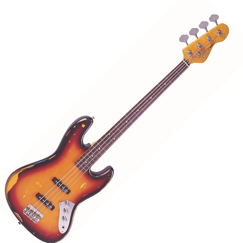 

Басс гитара Vintage V74 ICON Fretless Bass Guitar - Sunset Sunburst Distress