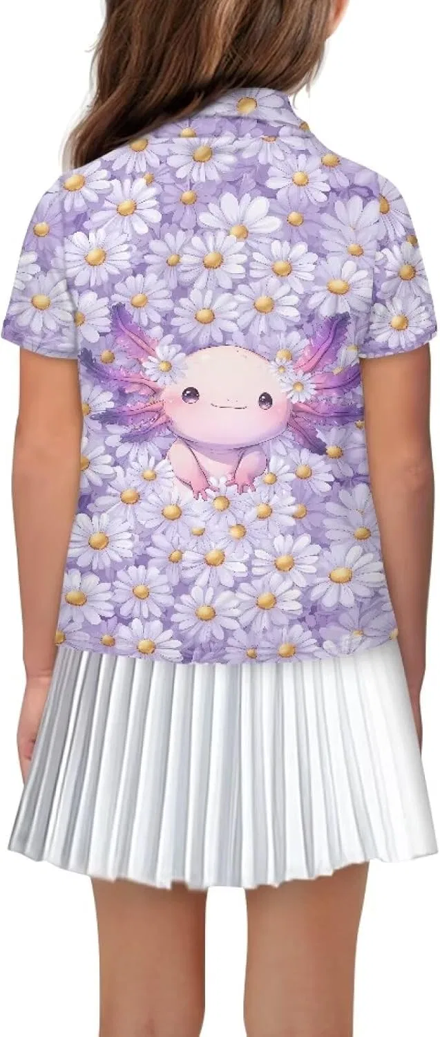 Детская поло для гольфа, тенниса, короткий рукав, Jekioweii, цвет Daisy Axolotl, размерная линейка 5-16 — фото 2