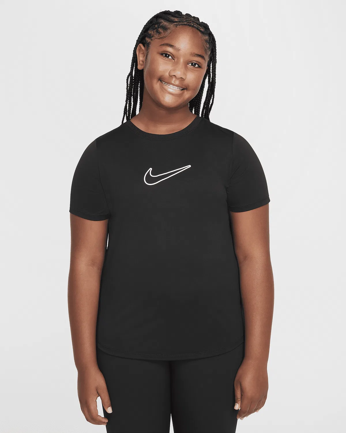 Nike One Dri-FIT короткий рукав тренировочный топ для старших детей (девочек) (увеличенный размер), Black/White