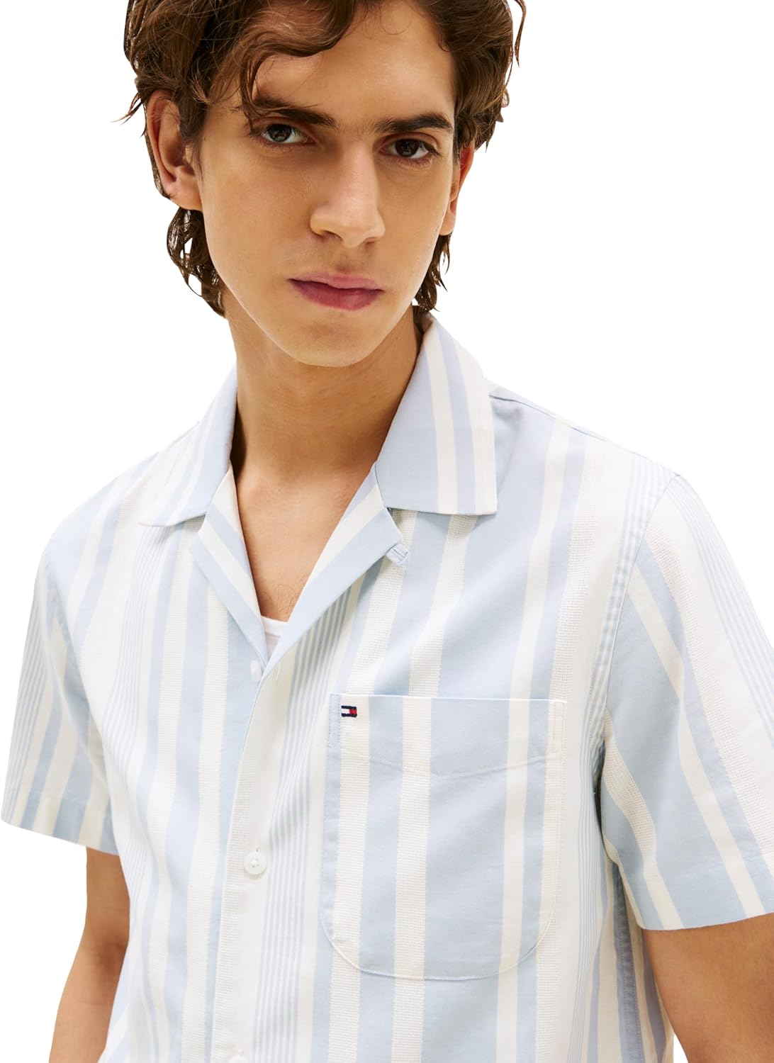 Рубашки Tommy Hilfiger с коротким рукавом, легкие, стандартного кроя, мужские, повседневные, на пуговицах, летние, Breezy Blue / Ivory Petal — фото 2