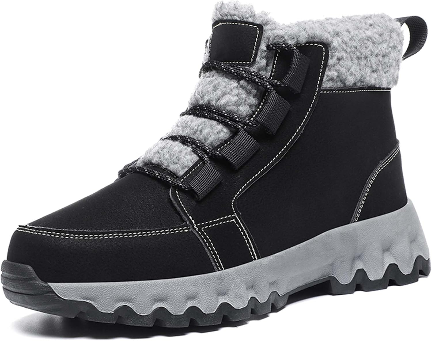 

Мужские зимние ботинки на снег водонепроницаемые с теплой меховой подкладкой, для ходьбы, походов и спорта, ботинки на голень из кожи, шнуровка, высокие хлопковые ботинки Generic, черный